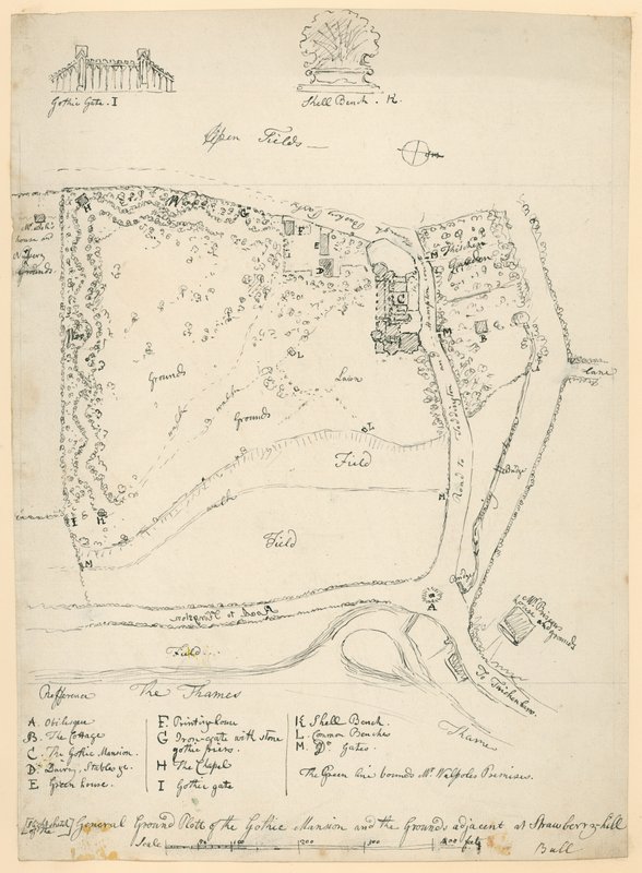 Generel grundplan for det gotiske palæ og grunden ved siden af Strawberry Hill, Twickenham, London af English School