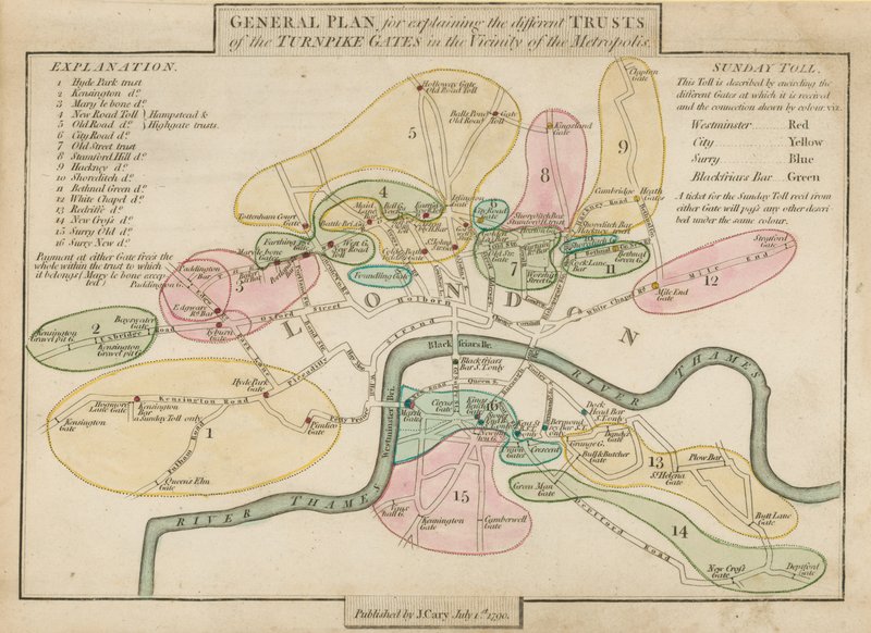 Generel plan for at forklare de forskellige trusts af Turnpike Gates af English School