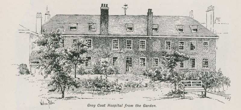 Generel udsigt over Grey Coat Hospital fra haven af English School