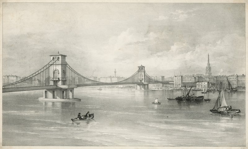 Generel udsigt over Hungerford og Lambeth Suspension Foot Bridge af English School