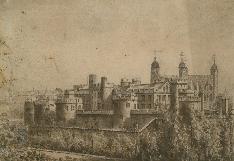 Generel udsigt over Tower of London (wc på papir) af English School