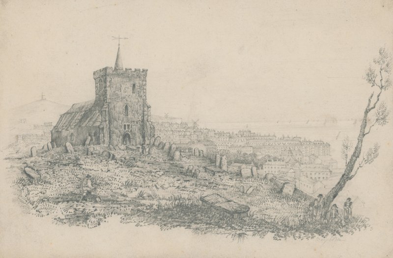 Generelt billede af en kirke og kirkegård i Brighton af English School