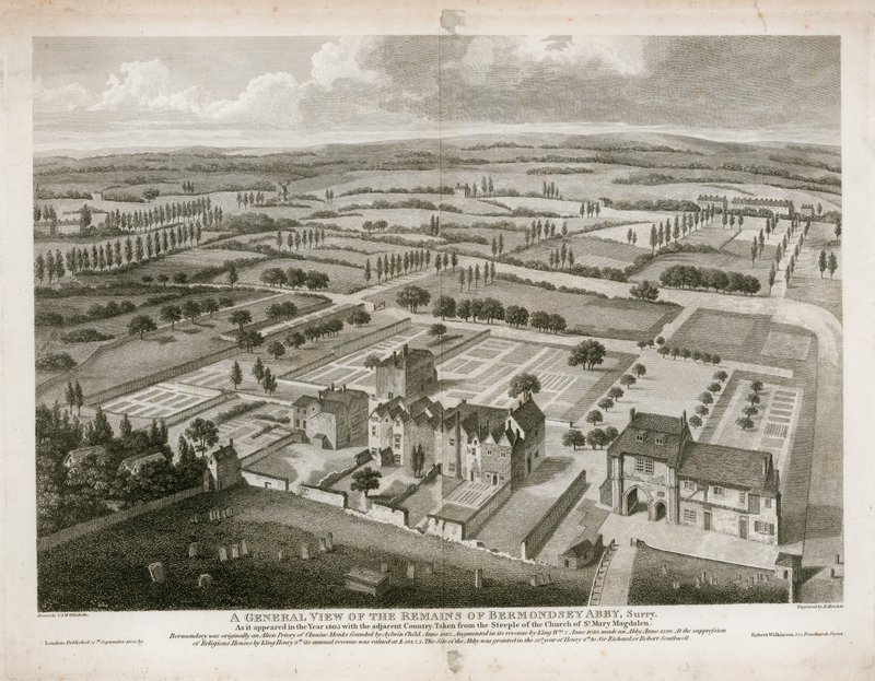 Generelt billede af resterne af Bermondsey Abbey, som det så ud i 1805 af English School