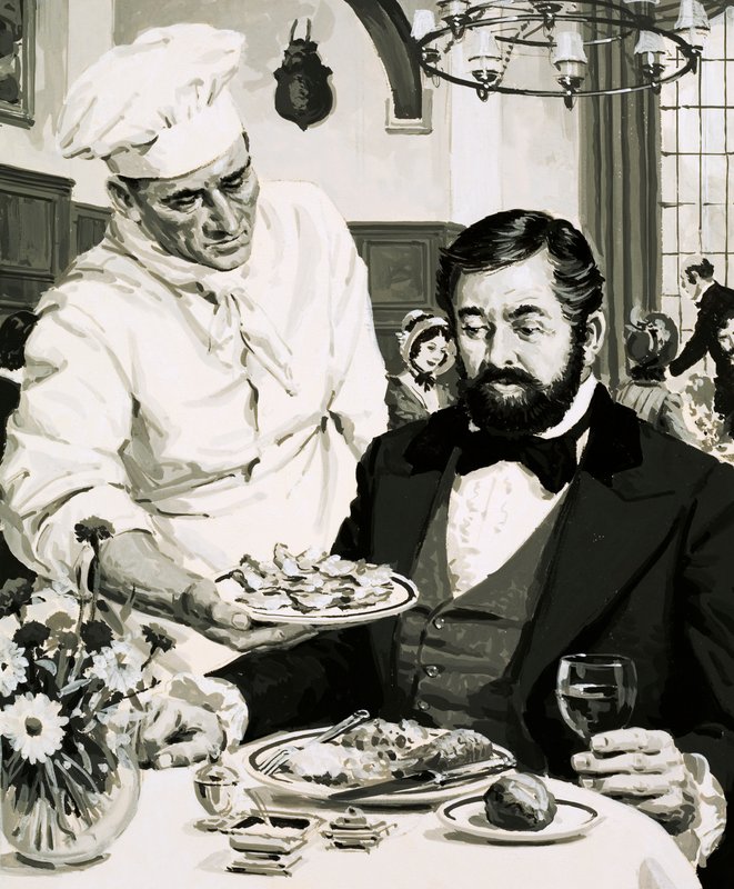 George Crum, opfinderen af kartoffelsprøden, præsenterer sin kreation af English School