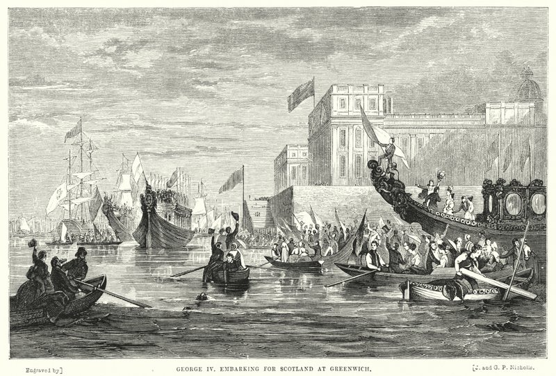 George IV på vej til Skotland ved Greenwich (gravering) af English School