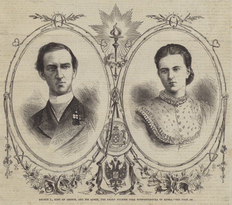 George I, konge af Grækenland, og hans dronning, storhertuginden Olga Constantinovna af Rusland (gravering) af English School
