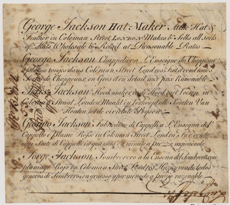 George Jackson, hattemager, Coleman Street, London af English School