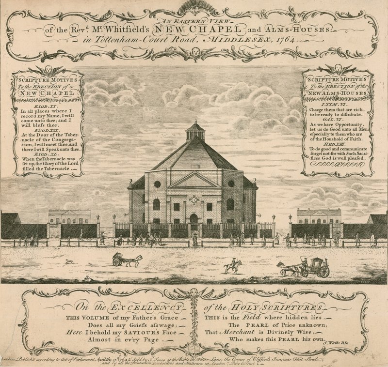 George Whitfields nye kapel og Alms-huse i Tottenham Court Road, London, 1764 af English School
