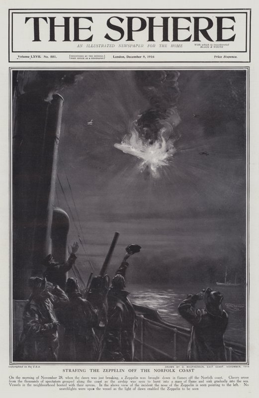 Tysk Zeppelin luftskib skudt ned i flammer ud for Norfolks kyst, Første Verdenskrig, 28. november 1916 (litho) af English School