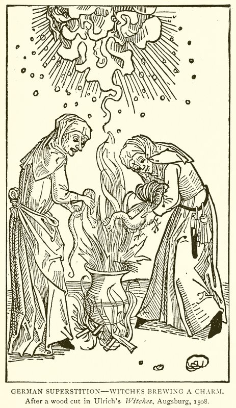 Tysk overtro - hekse brygger en charme. Efter et træsnit i Ulrichs Witches, Augsburg, 1508 af English School