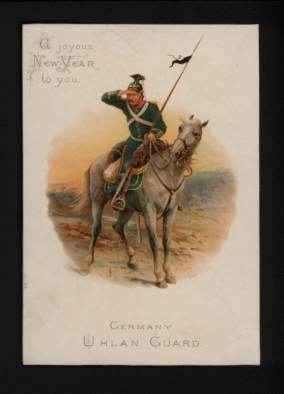 Tysk uhlan, nytårs lykønskningskort, slutningen af det 19. eller begyndelsen af det 20. århundrede (chromolitho) af English School