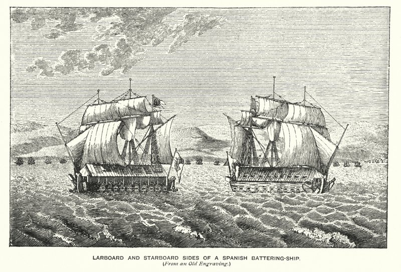 Gibraltar: Spårbord og styrbord sider af et spansk slagskib (gravering) af English School