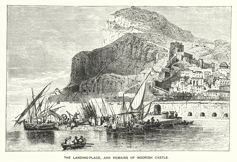 Gibraltar: Landingsstedet og resterne af det mauriske slot (gravering) af English School