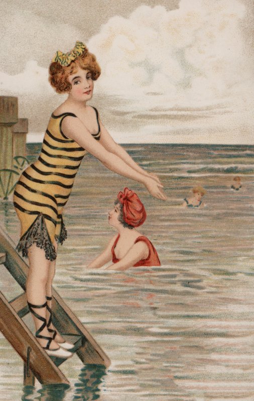 Pige ved at kaste sig ud i havet (farve litho) af English School