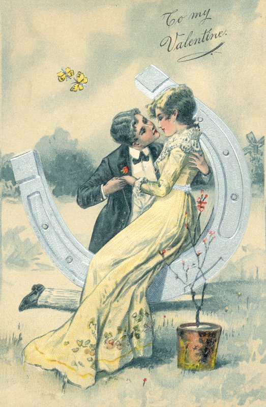 Pige og dreng, ved at kysse, mens de sidder på en stor hestesko (farve litho) af English School