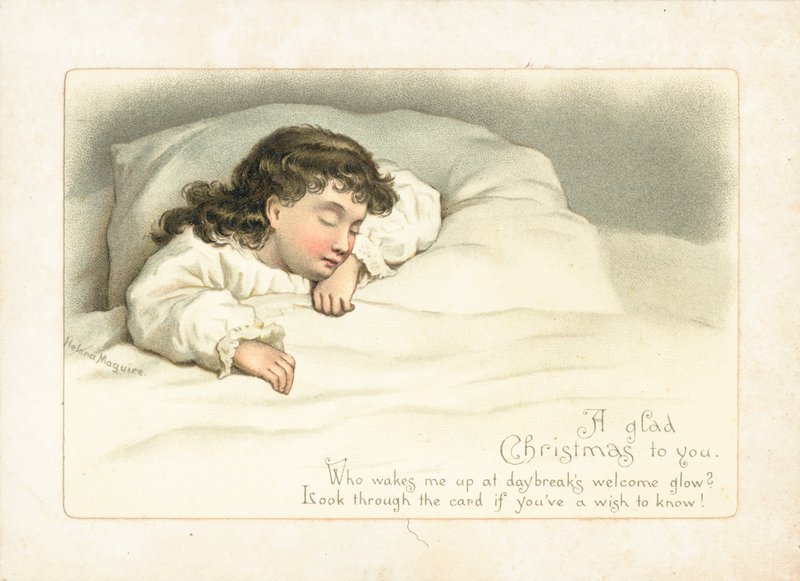 Pige sover i sengen, julekort af English School