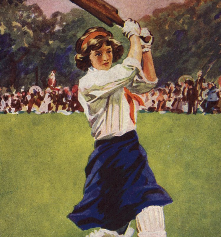 Pige, der slår i et spil cricket (farve litho) af English School