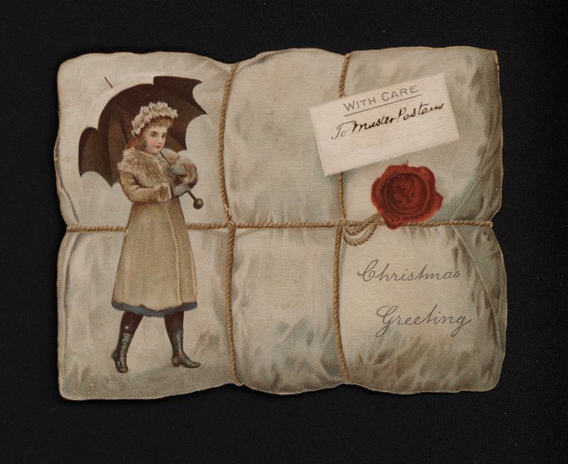 Pige med paraply under indpakning af en pakke, julekort, slutningen af det 19. eller begyndelsen af det 20. århundrede (chromolitho) af English School