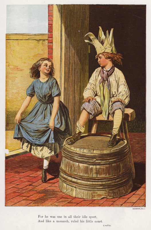 Pige curtseying til en dreng, der spiller ved at være konge (farvet gravering) af English School