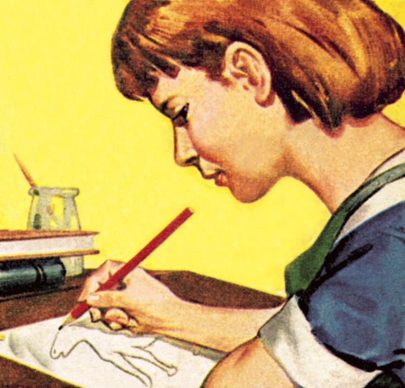 Pige tegner med blyant af English School