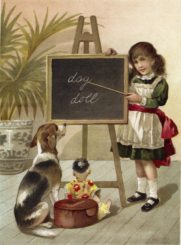 Pige, opdragende hund og dukke af English School