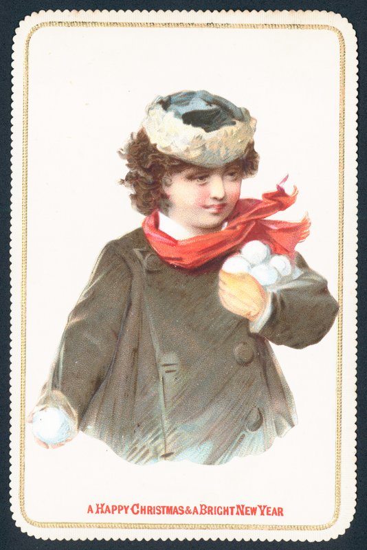 Pige samler snebolde, julekort af English School