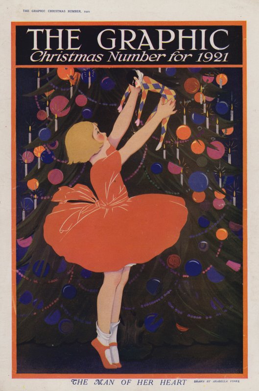 Pige, der hænger en harlekinpynt på et juletræ (farve litho) af English School