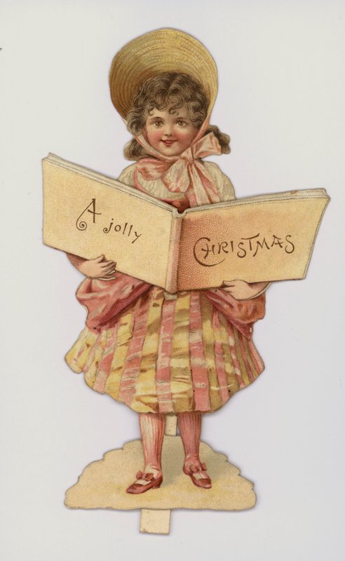 Pige med en bog i hånden: Julekort (chromolitho) af English School
