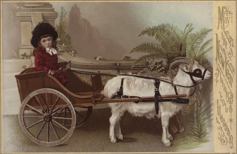Pige i en gedevogn, nytårs lykønskningskort (chromolitho) af English School