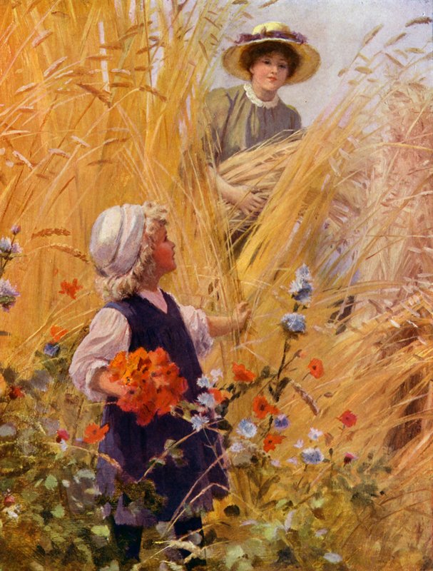 Pige plukker valmuer i en kornmark, mens en kvinde samler sig i høsten (farve litho) af English School