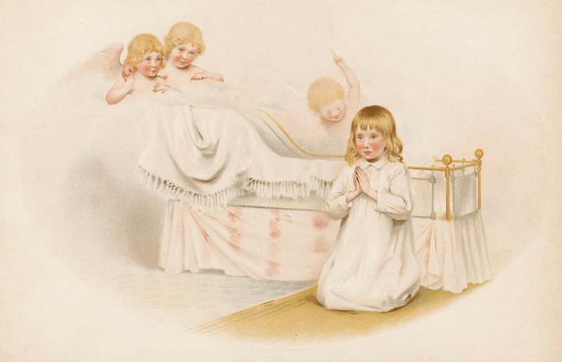 Pige beder ved sin seng (chromolitho) af English School