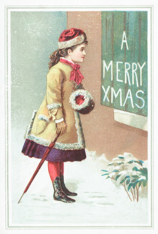 Pige læser juletegn, julekort af English School