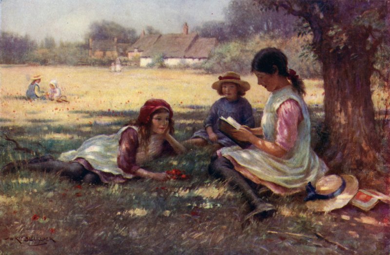 Pige læser et eventyr for andre børn (farve litho) af English School