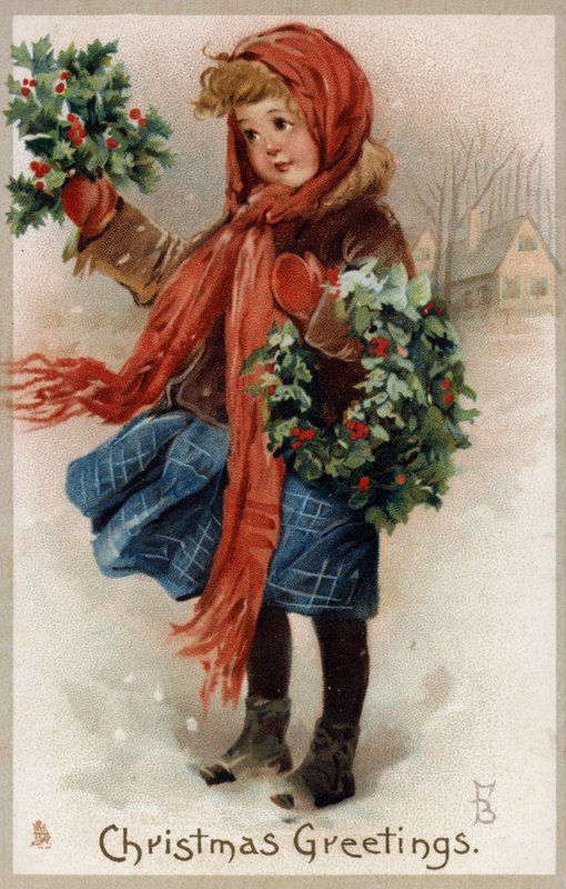 Pige, der sælger kristtorn og julekranse (chromolitho) af English School
