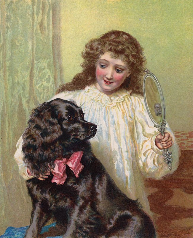 Pige, der viser sin kæledyrshund sin refleksion i et spejl (chromolitho) af English School
