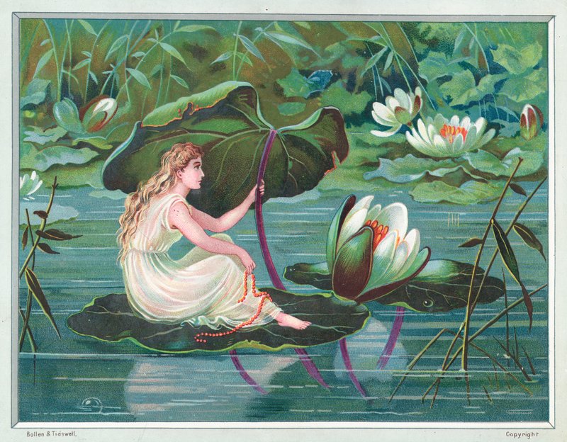 Pige sidder på Lily Pad i Pond, julekort af English School