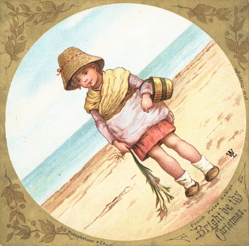 Pige stående på stranden, julekort af English School