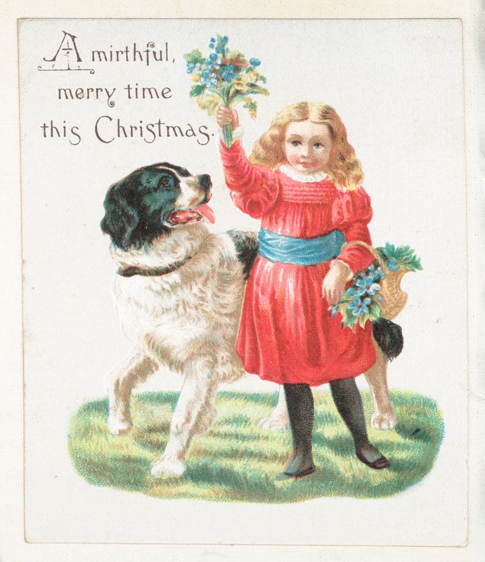 Pige driller hund med blomster, julekort af English School