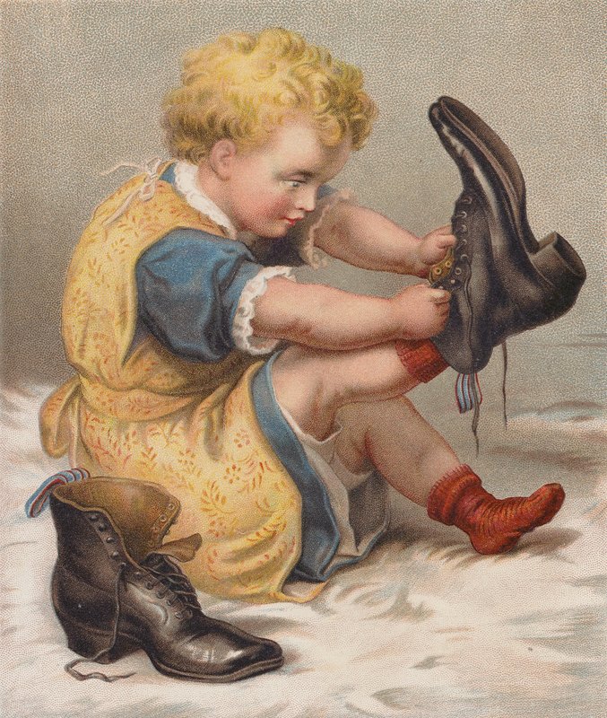 Pige prøver sin mors støvler (chromolitho) af English School