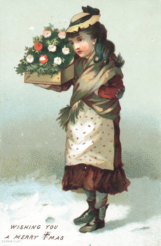 Pige, der går i sneen, bærer kasse med blomster, julekort af English School