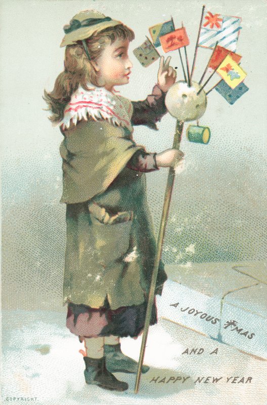 Pige vinker med flag, julekort af English School