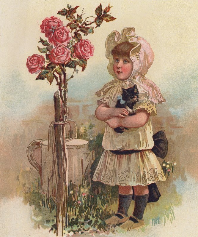 Pige med en kat og et rosentræ (chromolitho) af English School