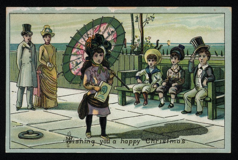 Pige med en stor parasol går langs en strandpromenade, julehilsenskort. (chromolitho) af English School