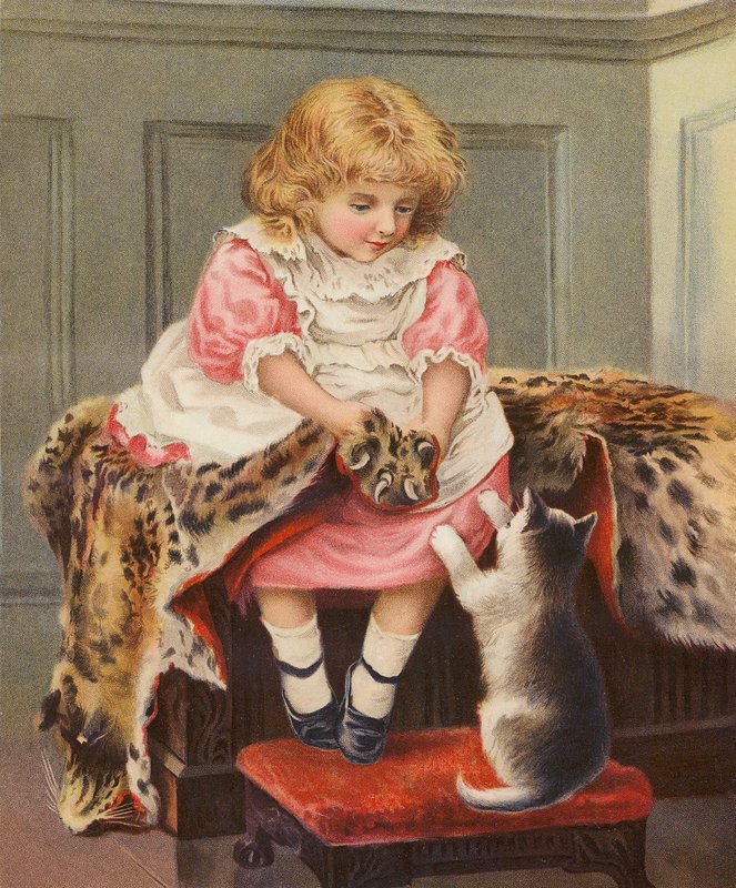 Pige med leopardskind og tamkat (chromolitho) af English School