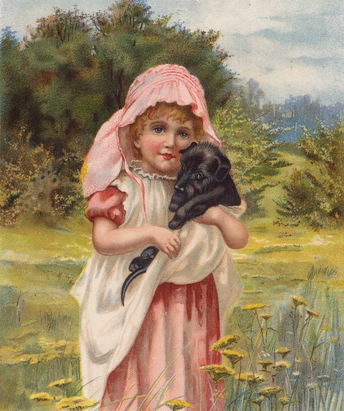 Pige med hundehvalp (chromolitho) af English School