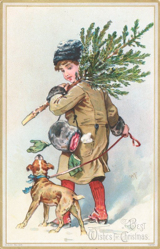 Pige med hund, der bærer juletræ, julekort af English School