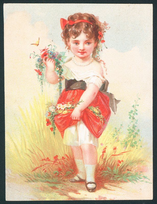 Pige med blomster og sommerfugl - victoriansk lykønskningskort af English School