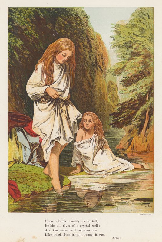 Piger bader i et vandløb (farvelitografi) af English School