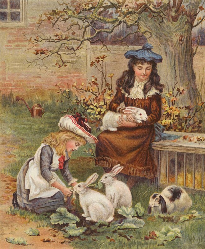 Piger tager sig af deres kaniner (chromolitho) af English School