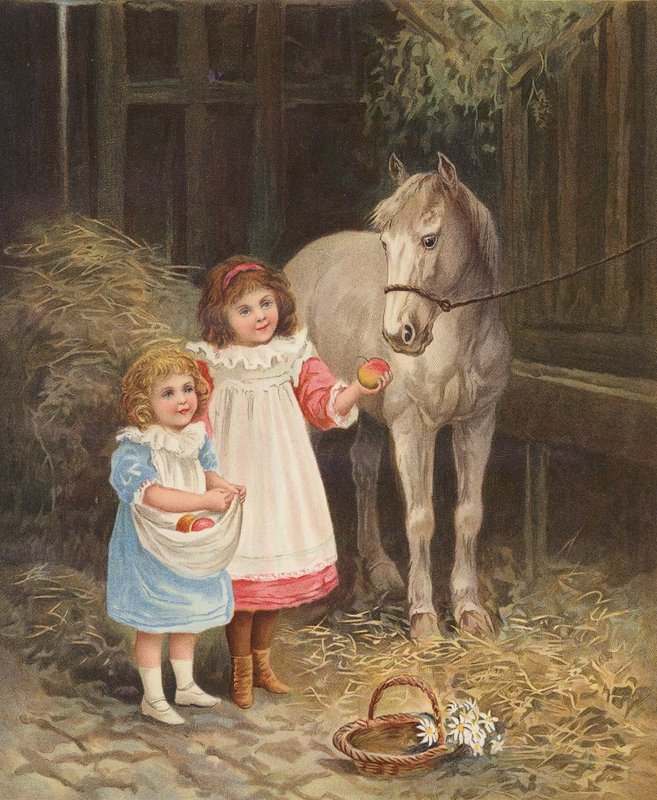 Piger fodrer en hest med æbler (chromolitho) af English School